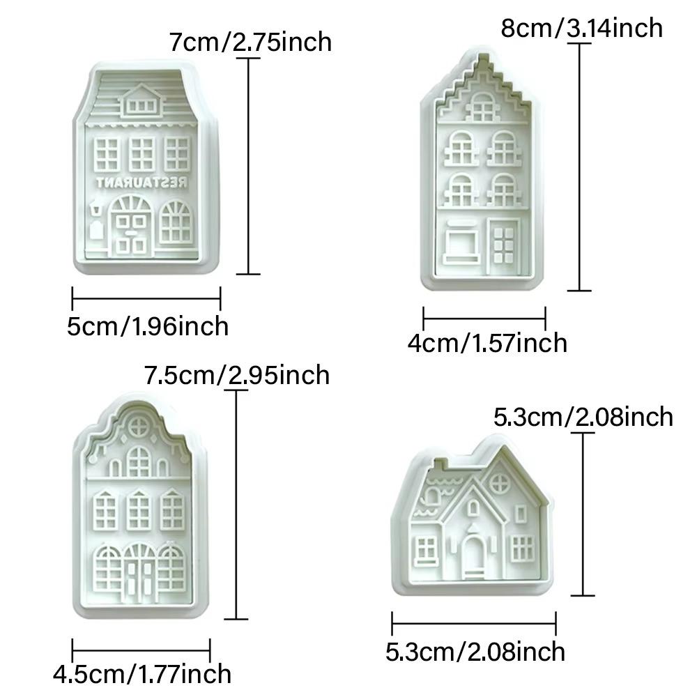 4 Piece 3D Embossed Christmas Gingerbread House Cookie Cutter Spring Press Design Cartoon Fondant Molds Green Plastic