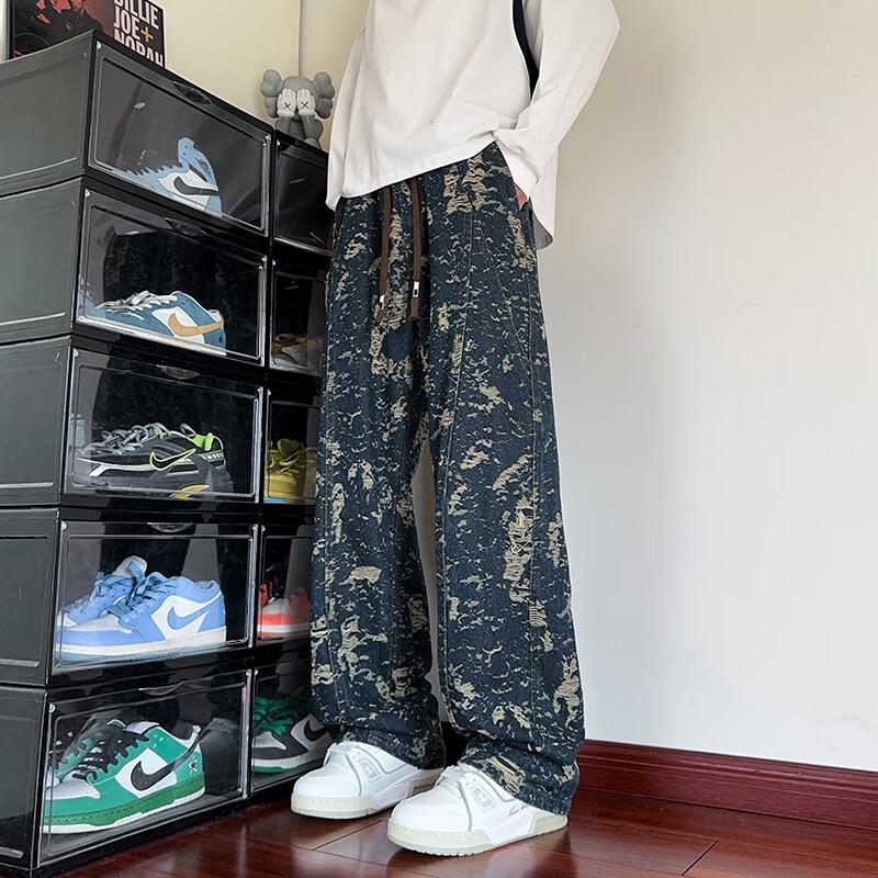 Wassup Sohot Men's American Jacquard Straight Loose Jeans