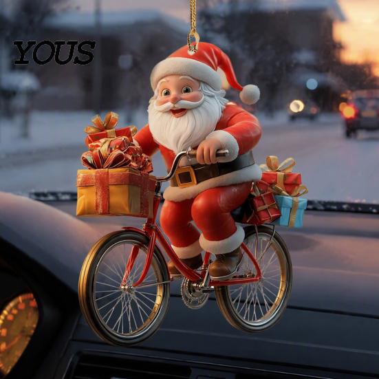 Small Festive Gift for Family 2Pcs Christmas Santa Riding Bicycle Acrylic Hanging Ornament, Car Exquisite Holiday Party Favors Interior Rearview