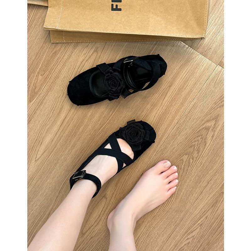 Sheepskin new Chinese retro leather flower ballet shoes women's inner height increase French shallow mouth single shoes women's Mary Jane shoes