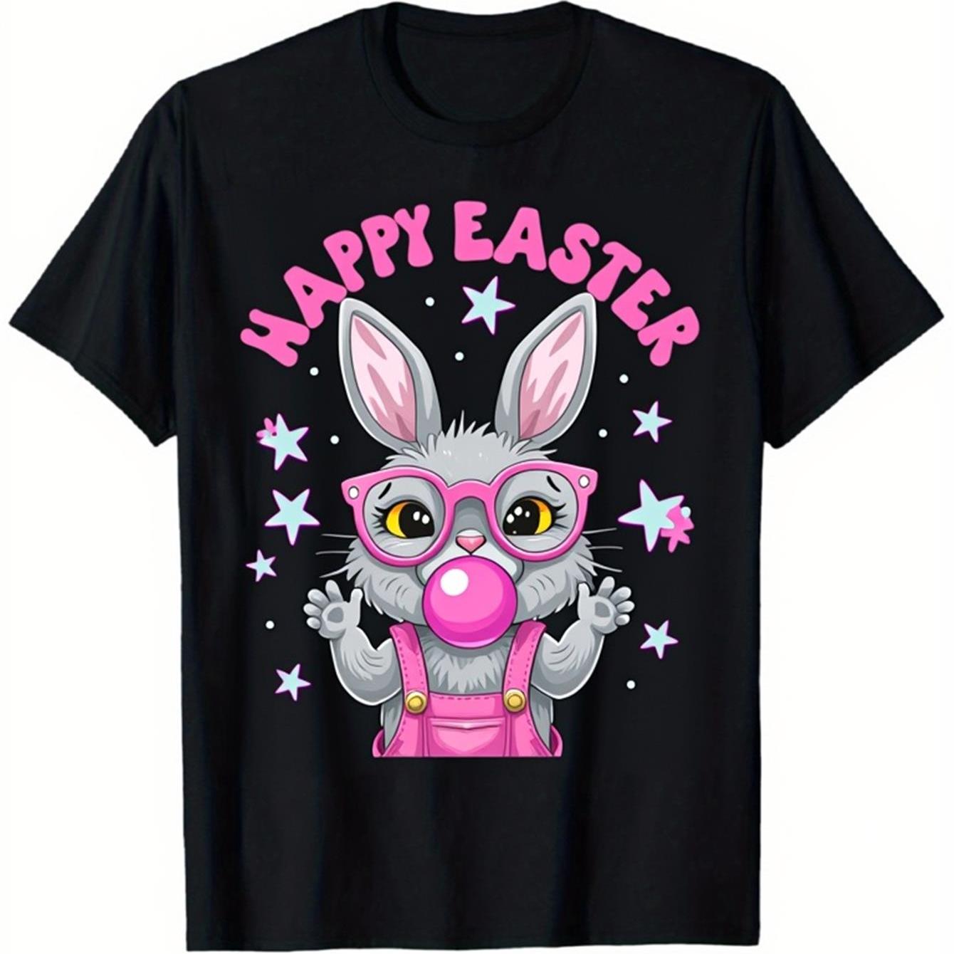 Happy Easter Bunny Blowing Bubble Gum Graphic Tee Cute Kawaii Rabbit Print Cotton Casual Short Sleeve T-Shirt 4XL