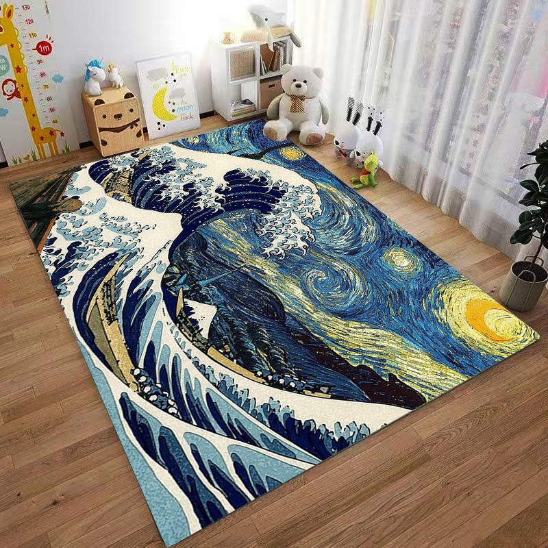 Artistic Rug with Waves and Starry Sky Design Suitable for use as an anti-slip game mat for living room and bedroom sofas