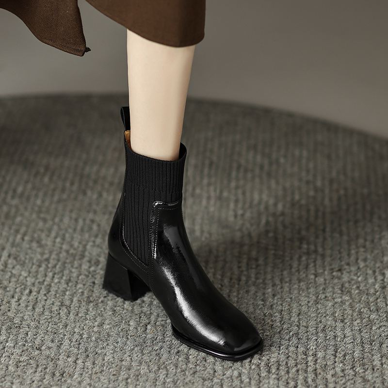 Krazing Pot Cow Skin Autumn Winter Shoes Thick Med Heels Size 43 Western Boots Slip on Stretch Knitwear Ankle Boots