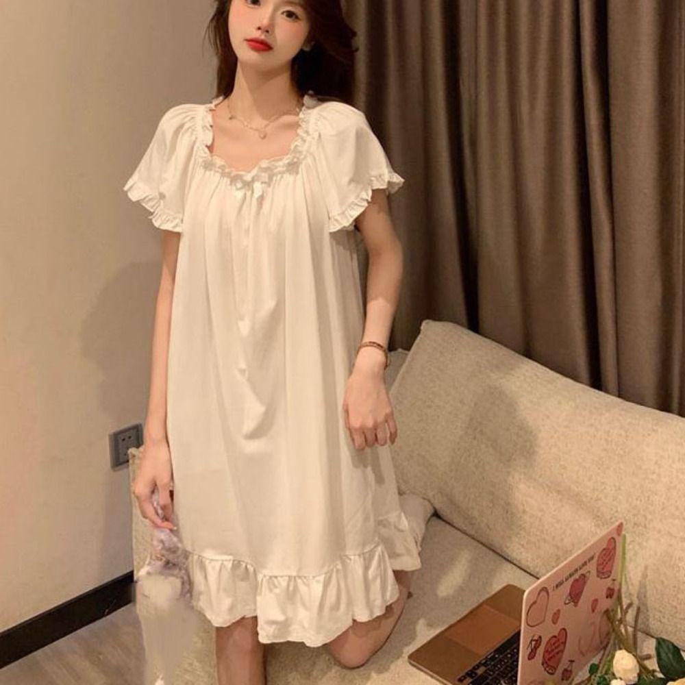 Short Sleeve Women's Pajama Dress Loose Princess Nightgown Casual Ruffle Nightdress  Home
