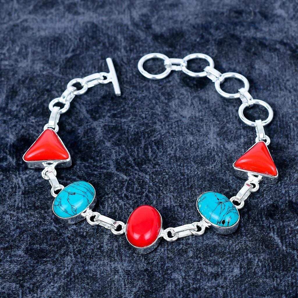 Italian Red Coral, Turquoise Gemstone 925 Sterling Silver Bracelet 7-8" MM-3490