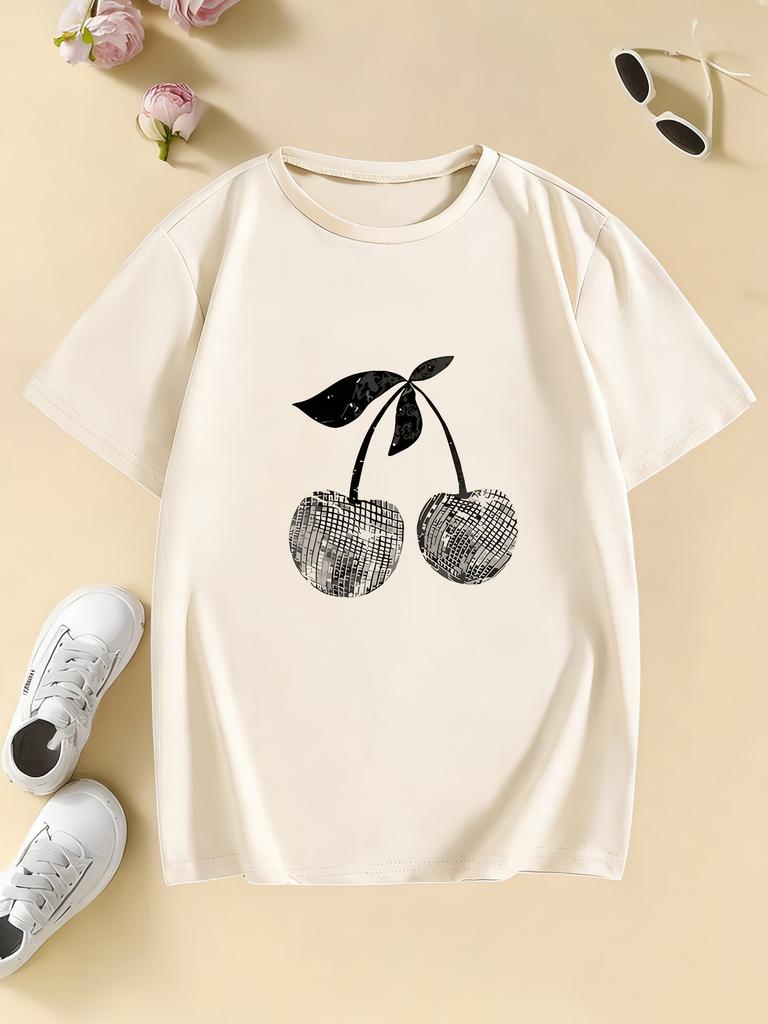 Girls Stylish Cherry T Shirts Short Sleeve Kids Childrens Tshirt Girls Summer Spring Casual Top Tee Shirt