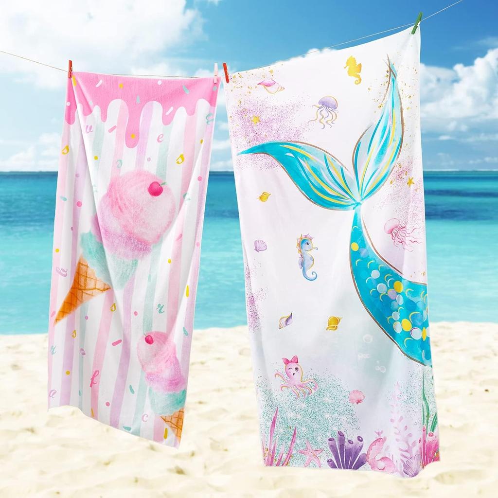 Süßes Eis Strandtuch für Mädchen, Bunte Dessert-Kunst, Schnelltrocknendes, Sandfreies Mikrofaser-Badetuch für Pool und Reisen