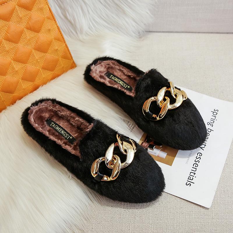 

CH-1 шерстяные тапочки женские 2025 новые большая золотая пряжка шерстяные тапочки плоская подошва круглый носок бархатные хлопковые туфли женские 33 чёрный