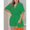Solid V Neck Romper, Elegant Short Sleeve Shirred Waist Jumpsuit For Spring & Summer, Women's Clothing