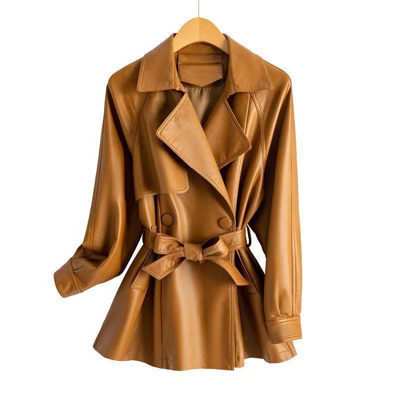 Womens PU Leather Short Trench Coat