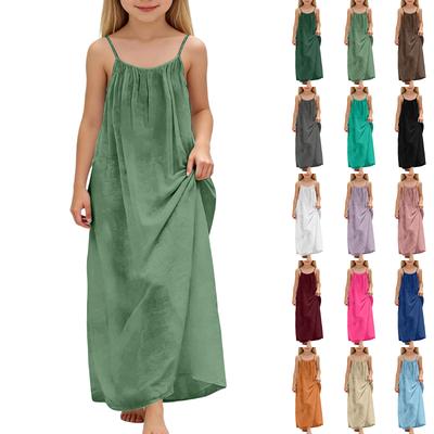 Children's Casual Round-Neck Sleeveless Backless Cotton-Linen Long Dress