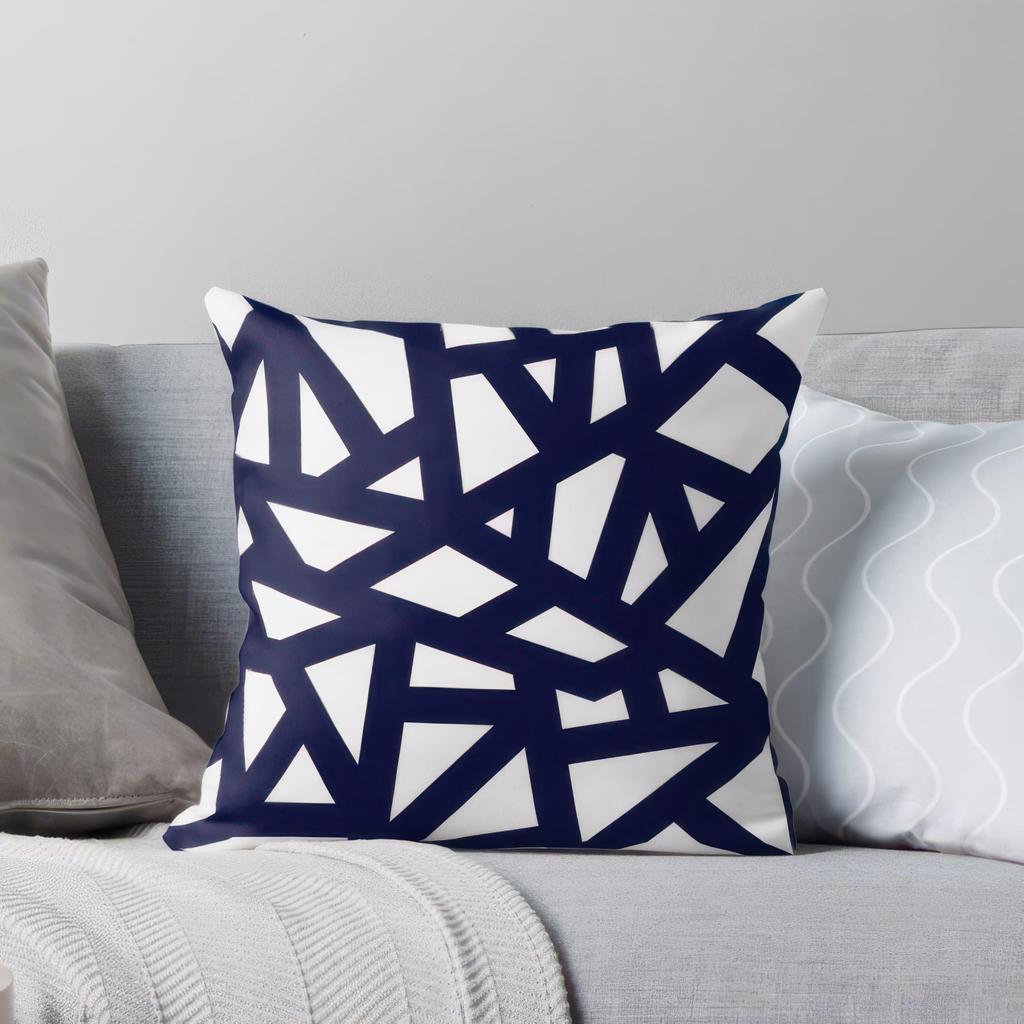 Navy blue white pillowcase with bold mosaic stripes, polyester fabric, machine washable, pillow insert not included.