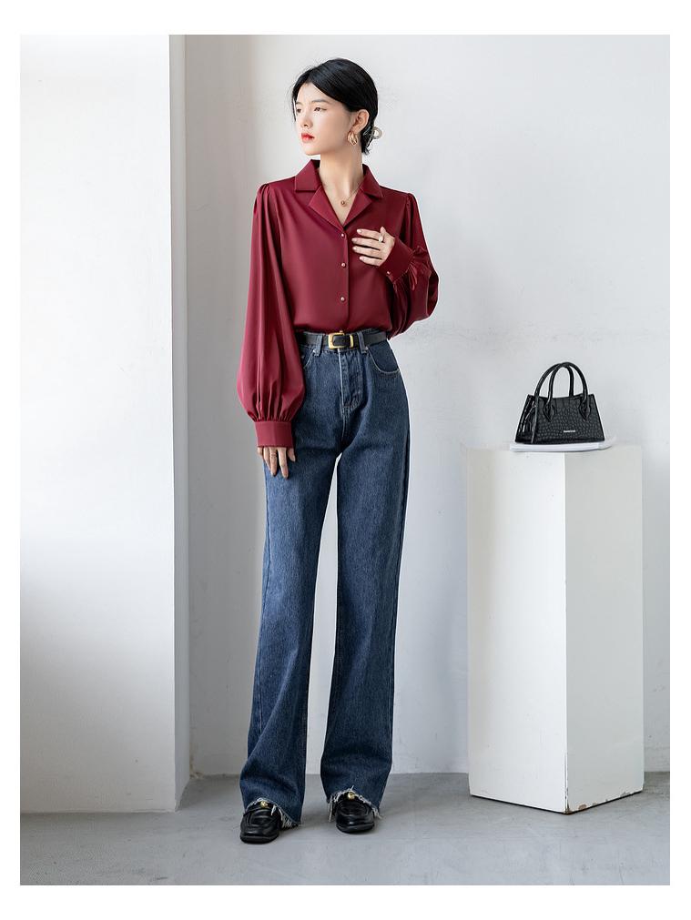 Women's Black Satin Shirt - 2026 Spring/Fall Loose Fit with Stylish Suit Collar and Long Sleeves