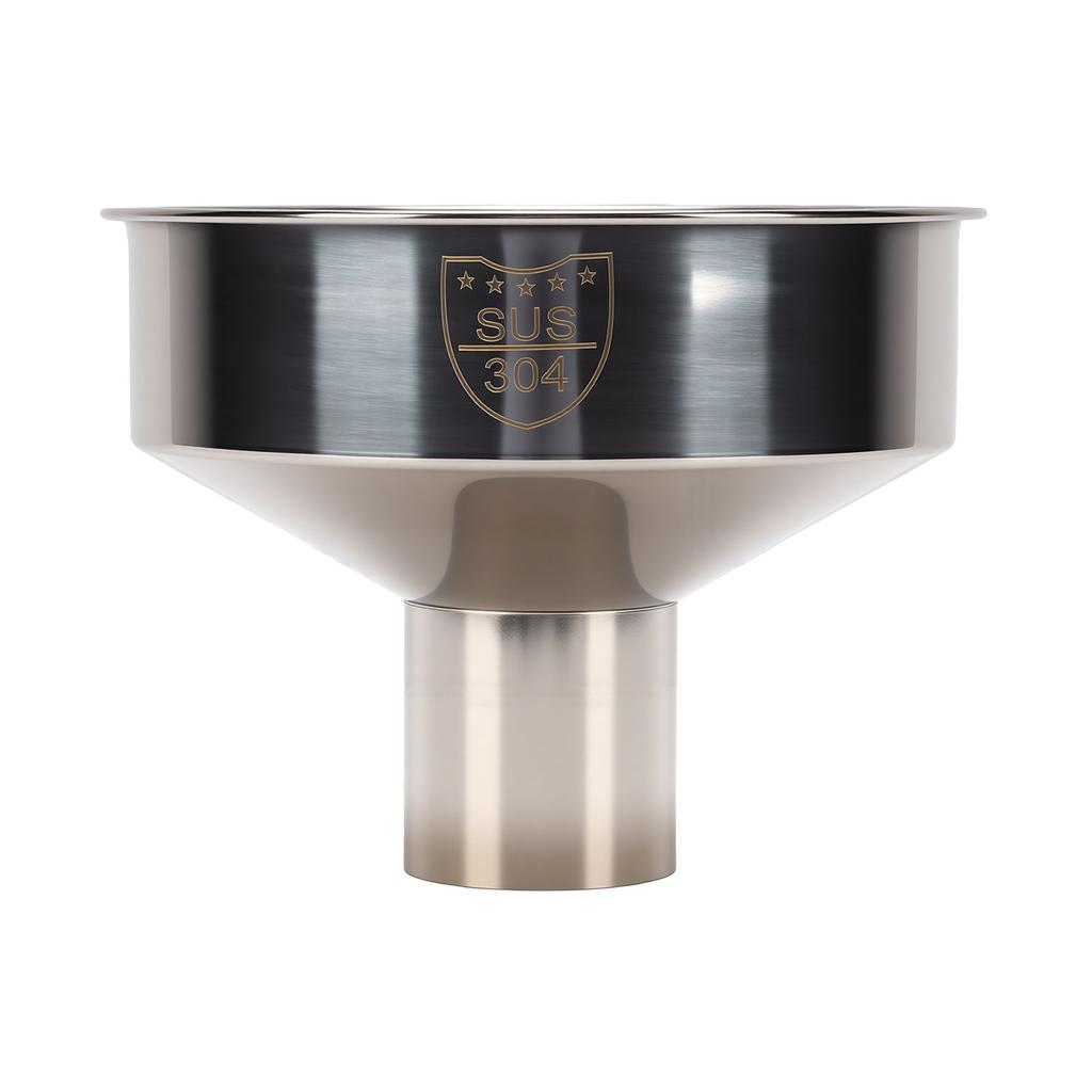 Stainless steel wide mouth hopper for grinding soybeans and oil.
