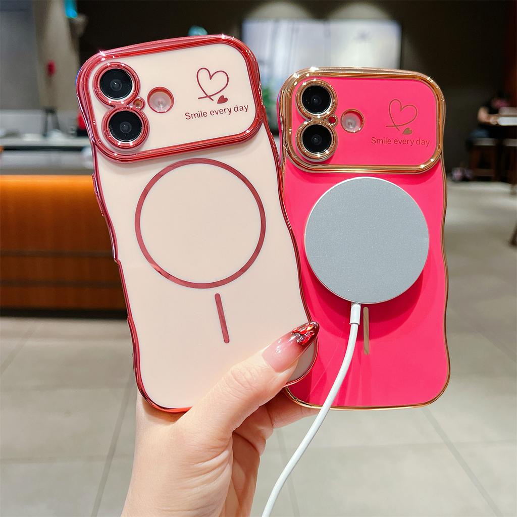 For iPhone 16 Magnetic Case Electroplating Wave Edge TPU Phone Cover Heart Pattern