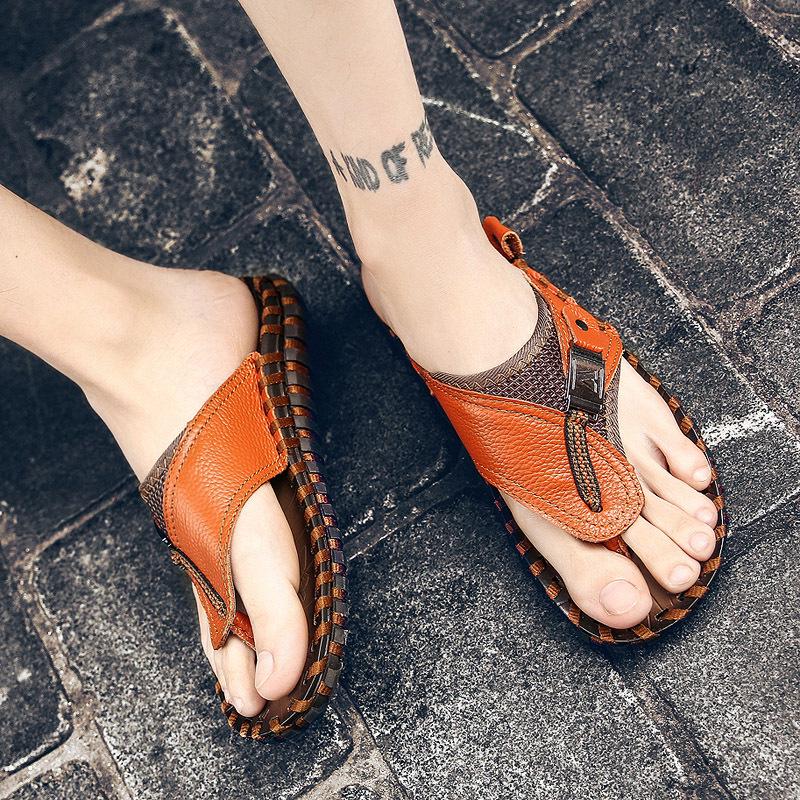 Summer New Top Layer Cowhide Men's Beach Shoes Wear-Resistant Non-Slip Sandals Trendy Flip Toe Leather Slippers Men