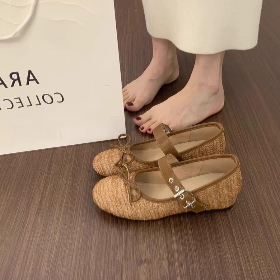 Night Wind Heightening Woven Single Shoes Women's Shoes One-word Buckle with Round Head Mary Jane Shoes Bow Ballet Shoes