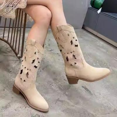 Neue Sommerblumen auf der anderen Seite~ Retro-Trend hohle Stickerei atmungsaktiv V-Ausschnitt Western-Cowboystiefel