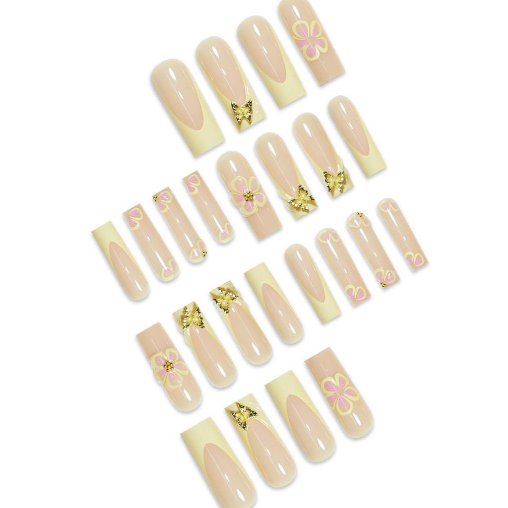 24Pcs Extra Long Coffin Press On Nails, Nude with Yellow French Tips & 3D Flower & Gold Butterfly Fake Nails