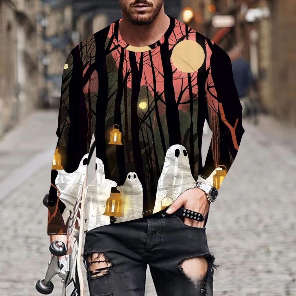 Ghost New Printed Men's Long Sleeved Round Neck T-shirt Autumn Winter Loose Comfortable Fashionable T-shirt