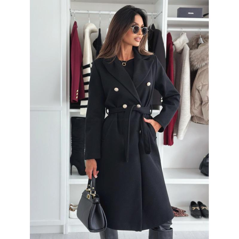 

Новое простое модное двубортное шерстяное пальто с поясом S чёрный