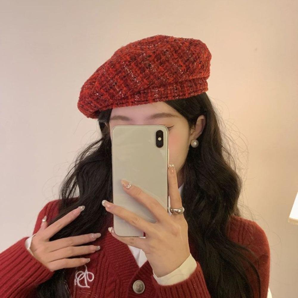 Red Tartans Berets Cap Y2K Women Artist Hat Painter Hat New Year Brimless Hat Autumn