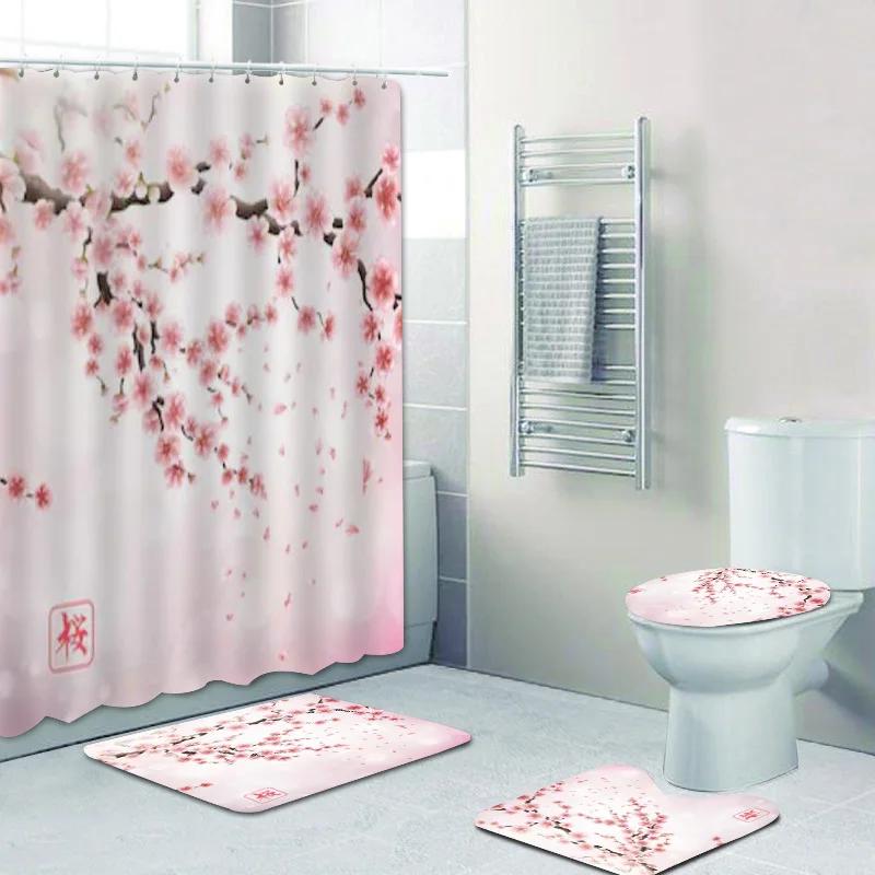 Chic Floral Pink Cherry Blossoms Shower Curtain Set Bathroom Cherry Sakura Flowers Branch Bath Curtains Mats Rugs Set Home Decor