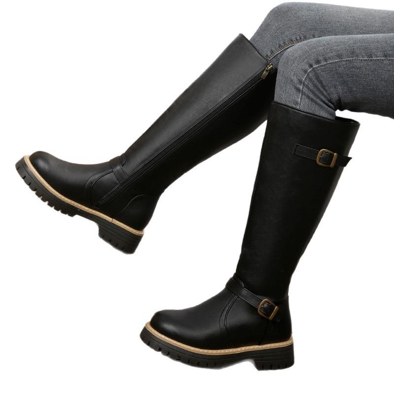 Cizme Dama cu Toc Înalt și Lățime Mare, Cizme Lungi cu Fermoar și Cataramă Pătrată, Stil European, Cizme de Iarnă Peste Genunchi