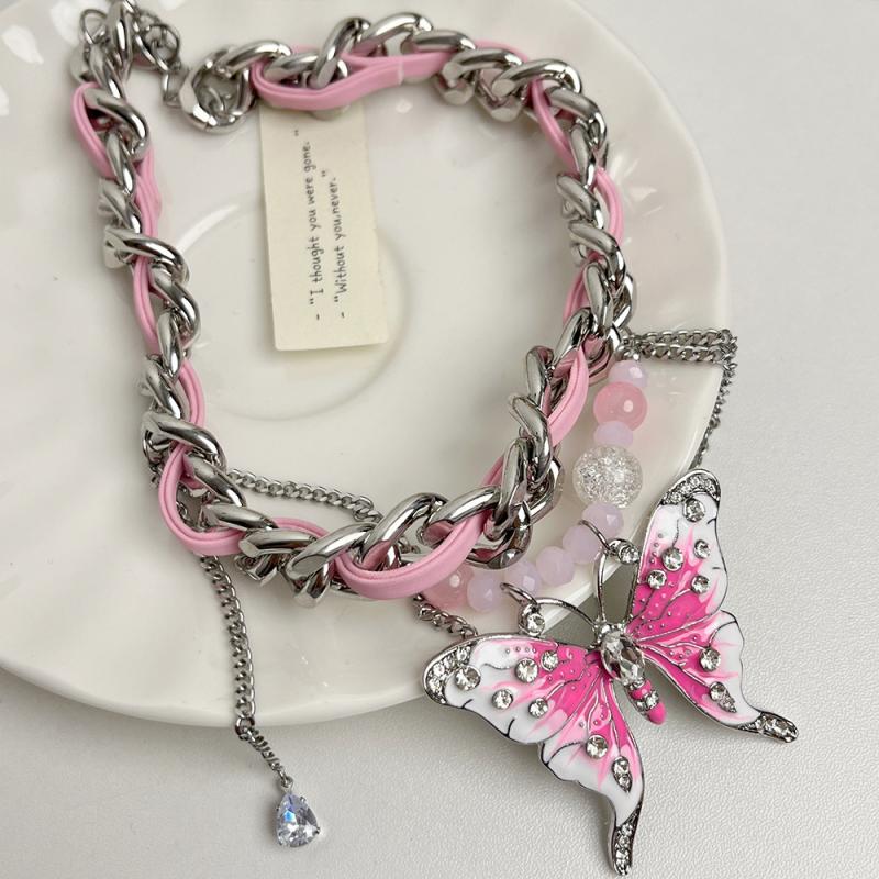 Butterfly Tassel Necklace Sweet Cool Spice Girl Temperament Exaggeration Light Luxury Design Leather Clavicle Chain Gift