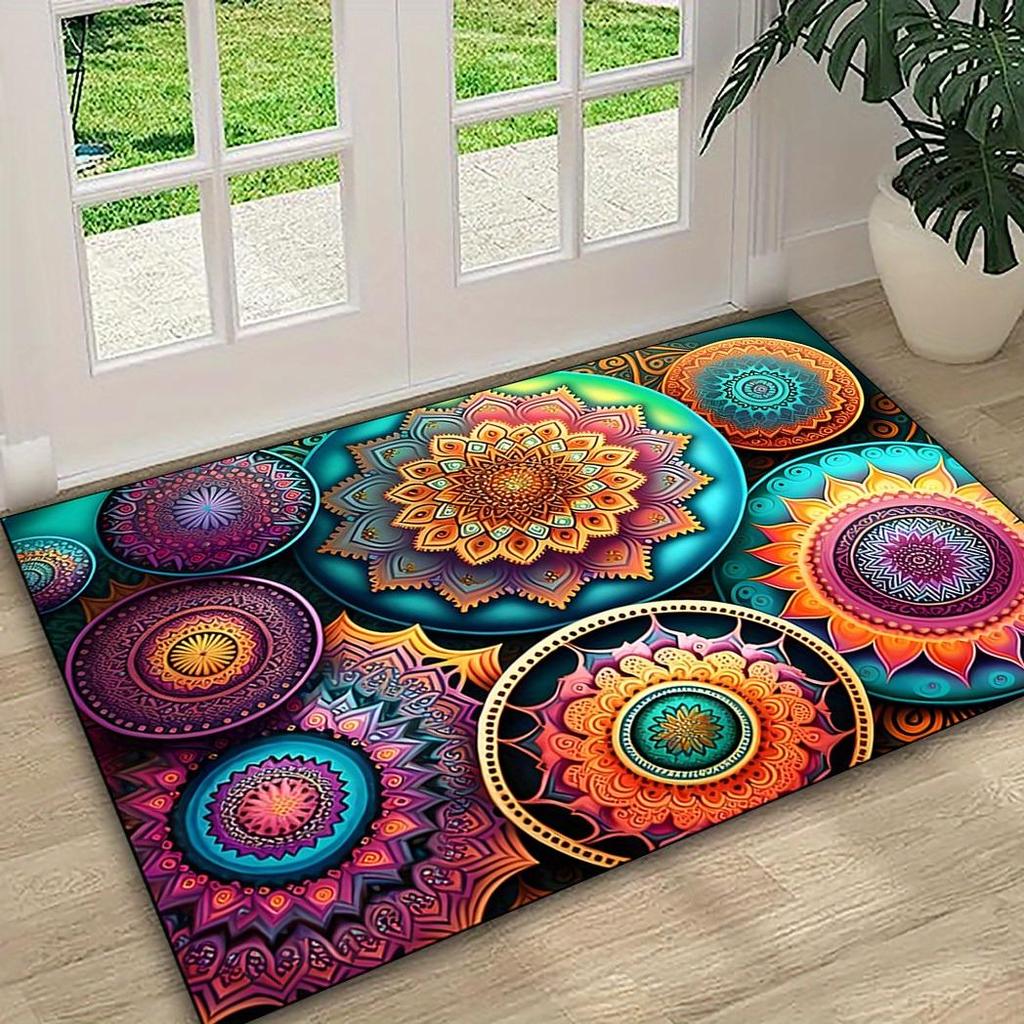 Bohemian Mandala Area Rug - Non-Slip Washable Polyester Mat for Living Room , Bedroom & Entryway , Vibrant Multicolor
