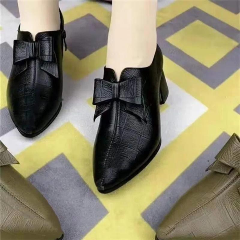 Zapatos De Mujer women black plaid pointed toe pu leather slip on square heel shoes lady classic sweet shoes a6956