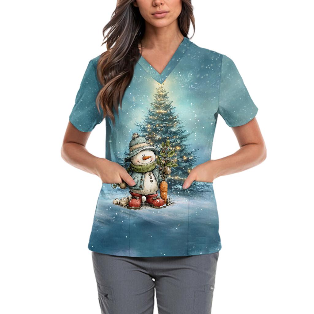 Dame Søt Sløyfe Trykket Arbeidsklær V-hals Dobbelt Lag Lommer Basic Kortermet Topp Pullover