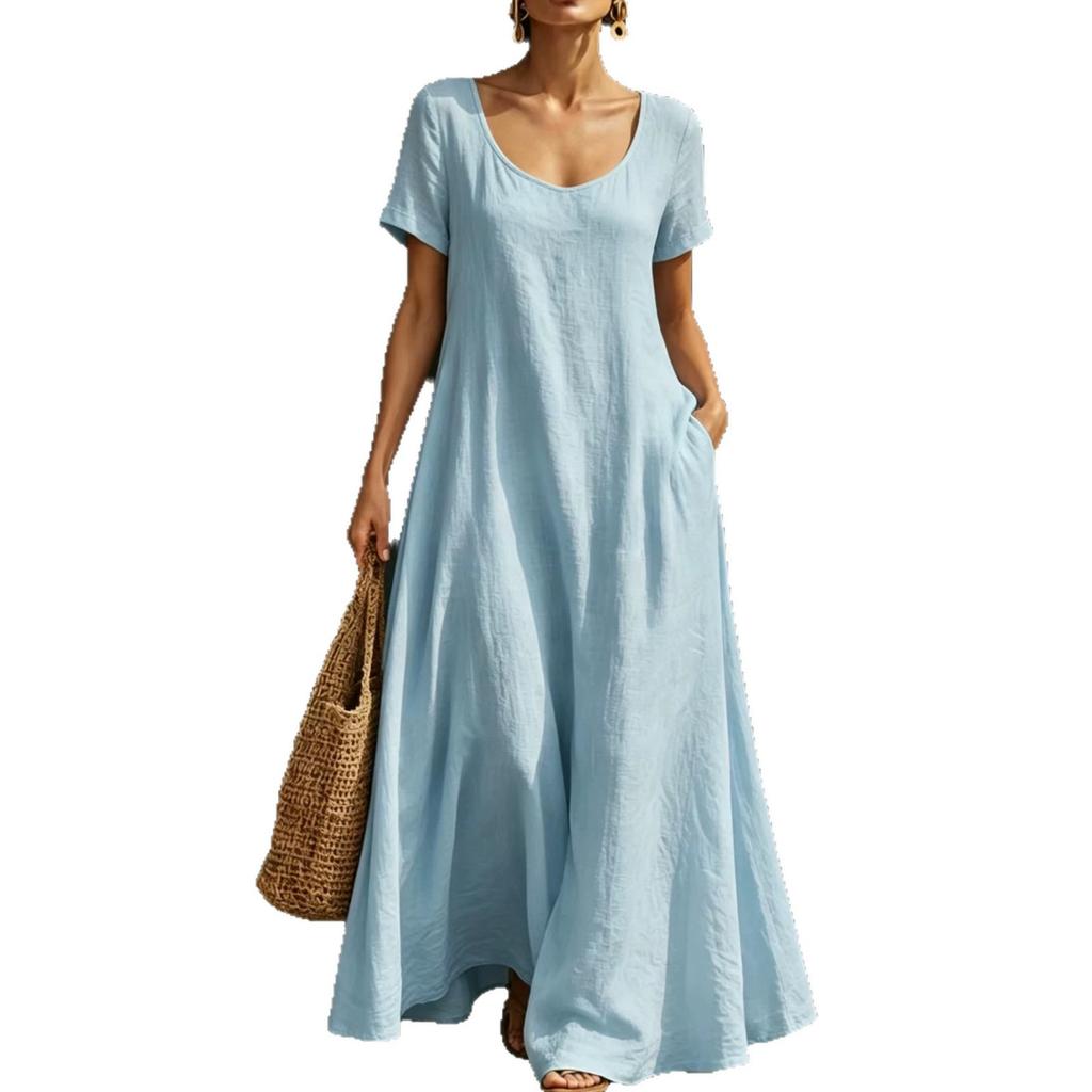 Casual collar loose explosion solid color pendulum long dress women's summer dress short sleeve U