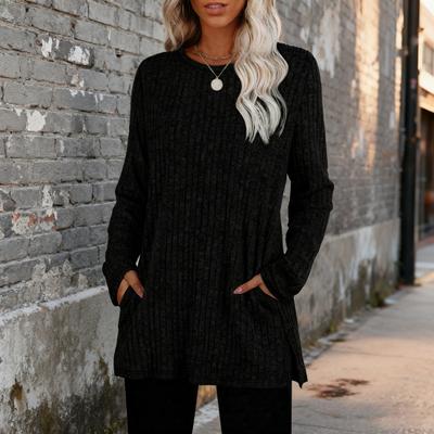 Women Tunic Tops Round Neck Long Sleeve Knit Tops with Side Pockets Solid Color Casual Striped Blouse