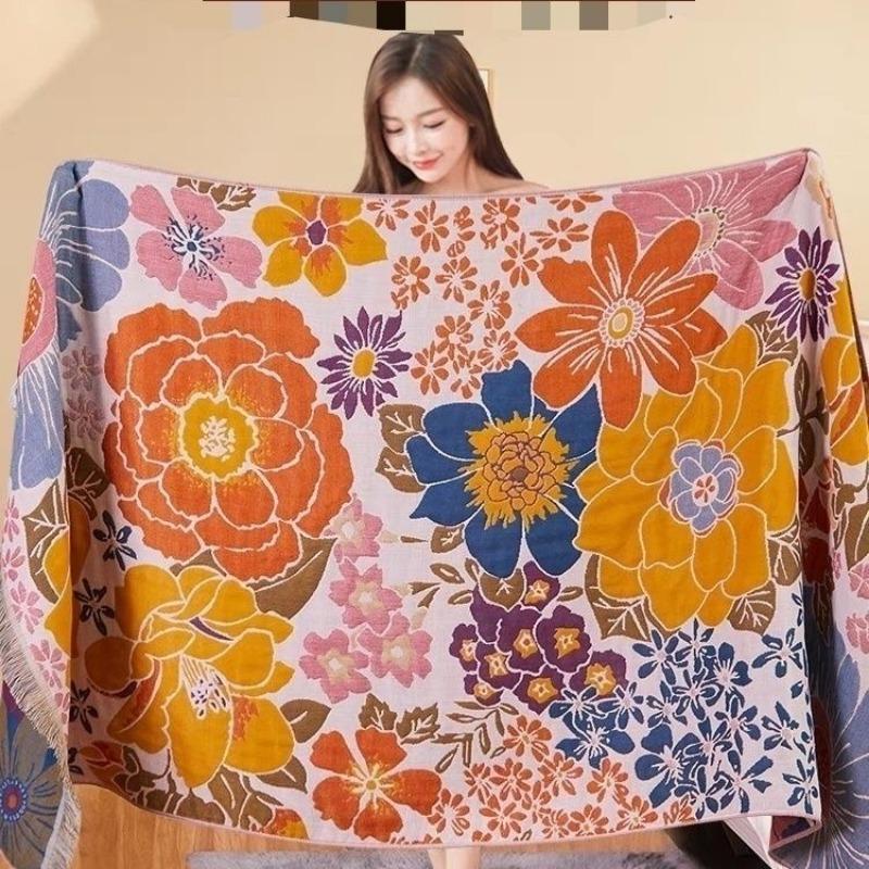 Multi-Layer Gauze Jacquard Floral Throw Blanket 80x160cm, Quick Dry Absorbent Large Cotton Bath Towel Soft Beach Towel for Couch Bed Napping Decor