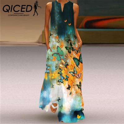 Ärmelloses, langes Sommerkleid mit V-Ausschnitt und bedruckter Jadeblume für Damen