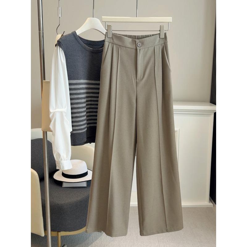Spring high-end cotton linen draped gray suit slacks women's new elastic waist wide-leg versatile straight-leg pants