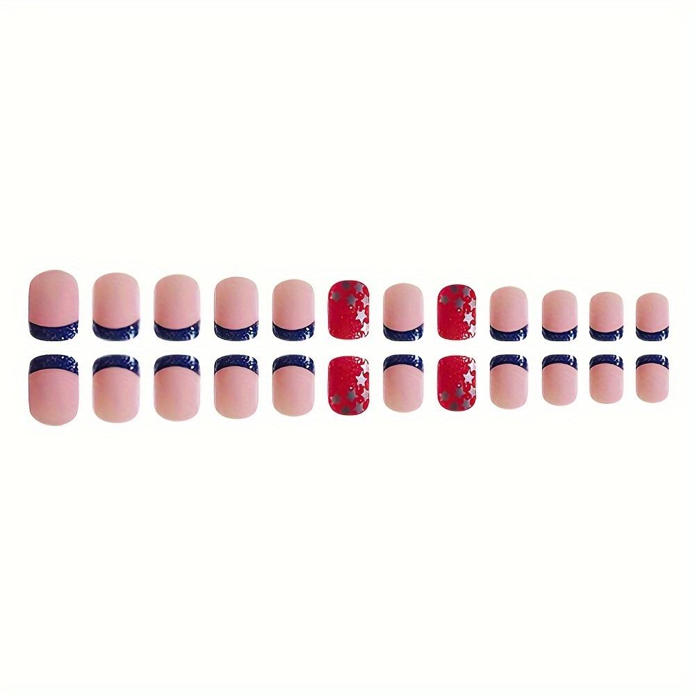 24pcs Short Square Press-on Nails, Red with Glittery Stars, Removable Stick-on Fake Nail Set, Sparkling Festive Manicure, Easy Application Gifts