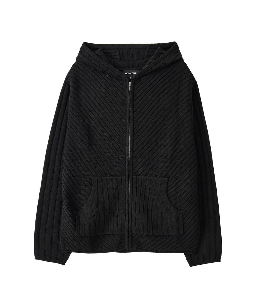 Uallong Rib Knit Hoodie Zip-Up - Black
