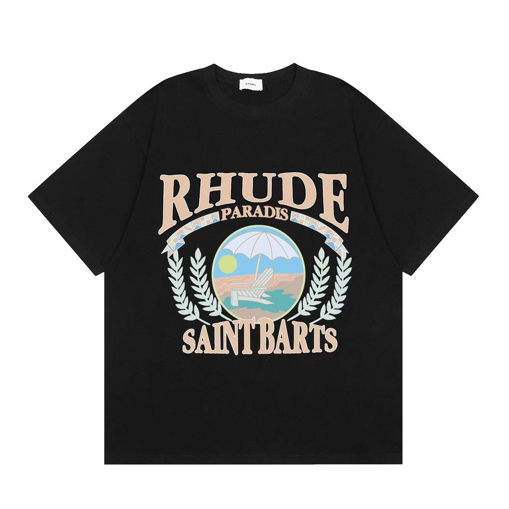 2025 Trendige Marke RHUDE Buchstaben-Mikro-Logo-Muster Kurzarm-T-Shirt Herren-Tee Damen Amerikanische High Street Halbarm-Oberteile