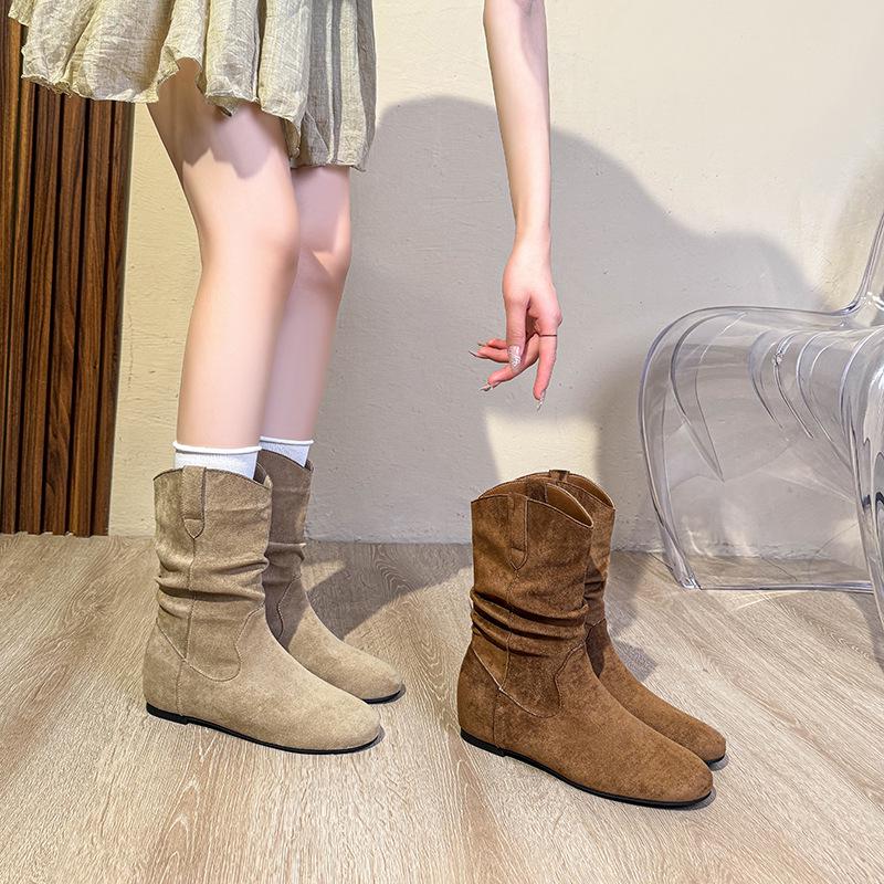 2025 Korean Style Women's Retro Soft Leather Round Toe Flat Heel Pleated Suede Ankle Boots