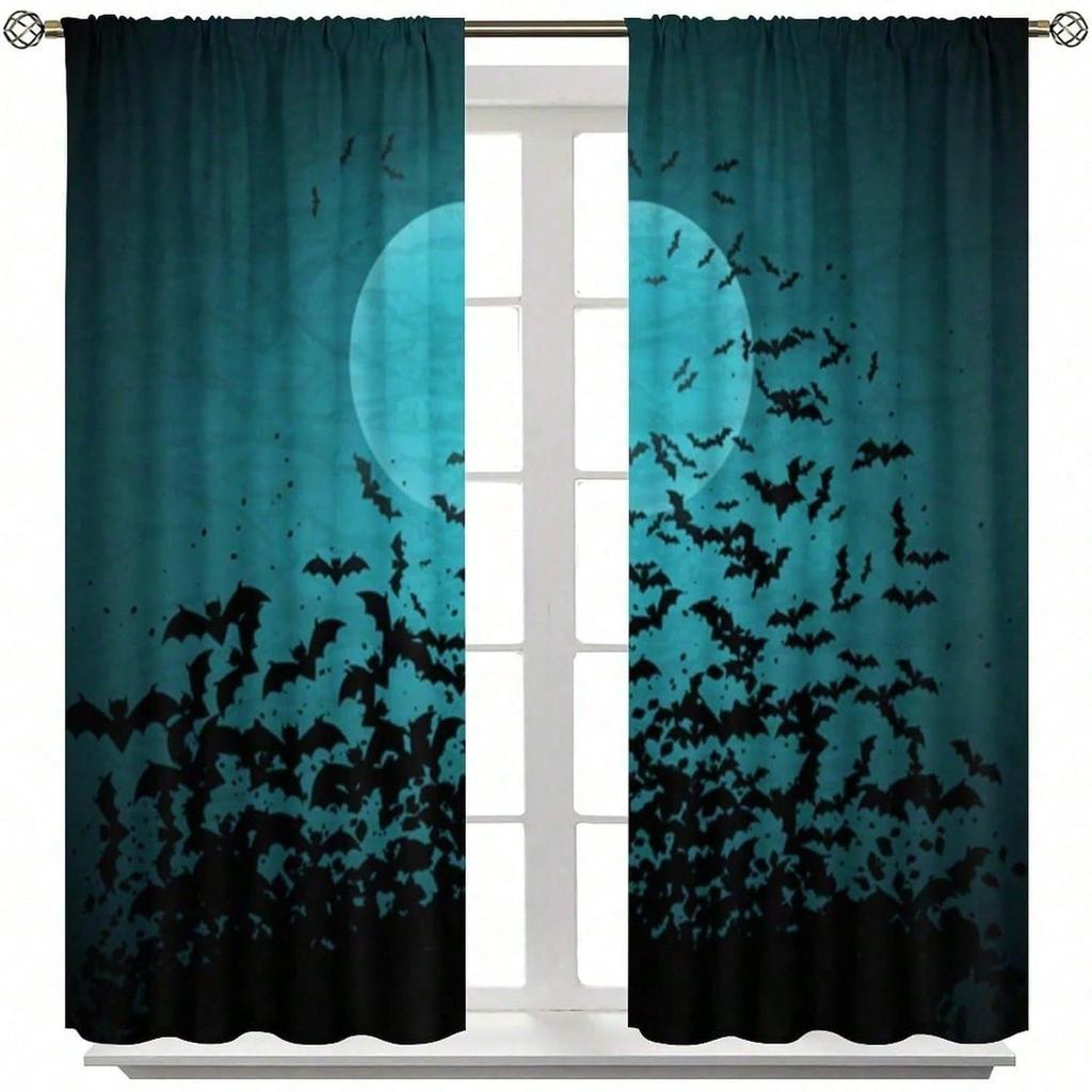 Black Flying Bats Blackout Curtains, Halloween Night Moon Scene With Bats Print, 2-Panel Rod Pocket Window Drapes For Bedroom