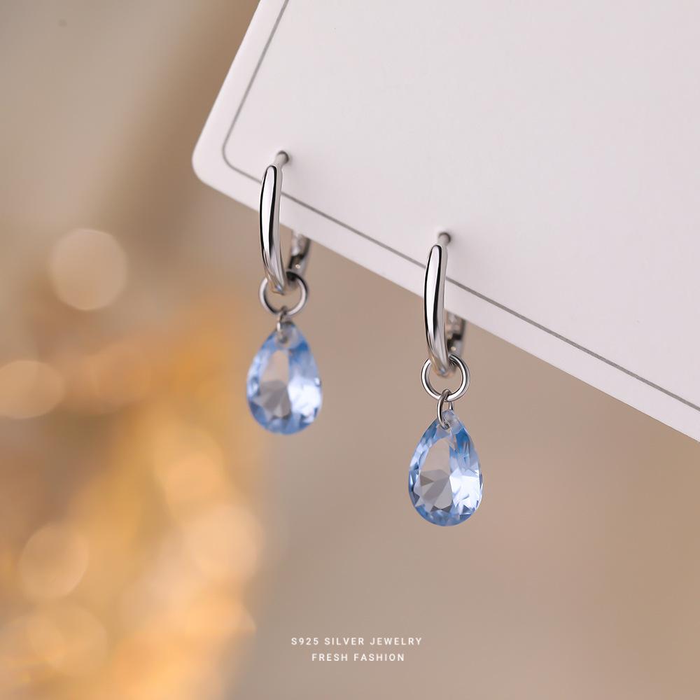 

S925 Sterling Silver Light Blue Teardrop Crystal Dangle Earrings, Elegant Fresh Fashion Jewelry for Women