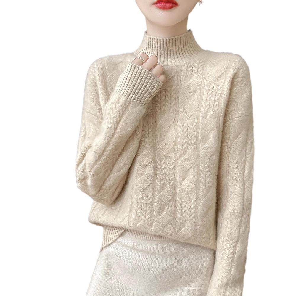 2024 Autumn/Winter Women's Wool Sweater: Thick Cable Knit, Half-High Neck, Versatile Base Layer