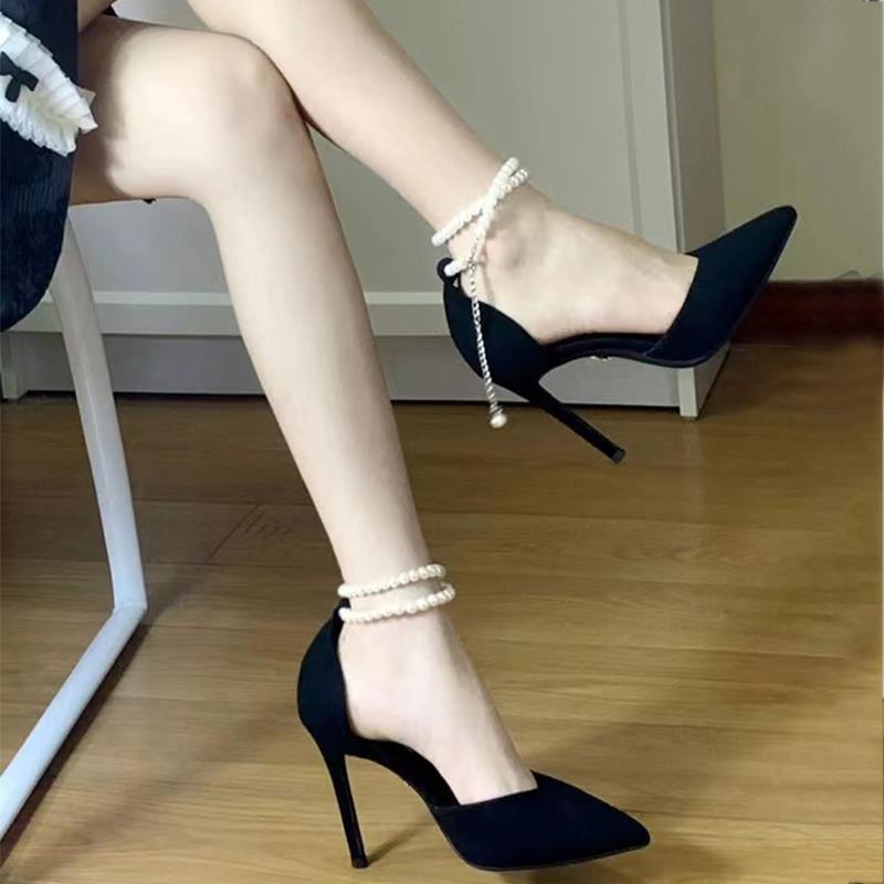 New pointed stiletto high heels women's black suede one-word buckle sandals pearl high heels women's shoes