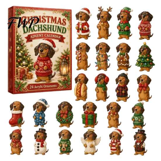 Cute Sausage Dog Figurine 2026 Dachshund Advent Calendar, 24 Days Collectible Surprises with 2D Holiday Seasonal Home Accents Festive Puppy
