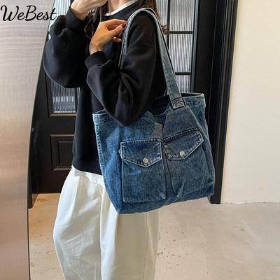 Large Capacity Denim Tote Bag for Women 2025 New Korean Style Simple Shoulder Bag Casual Commuter Tote Bag