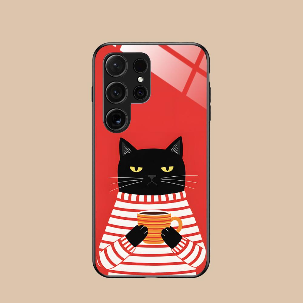 Cute Coffee Cat Glass Mobile Phone Case for Samsung Galaxy S26 S25 S24 S23 S22 S21 S20 Note20 Plus FE Ultra Colorful Cover