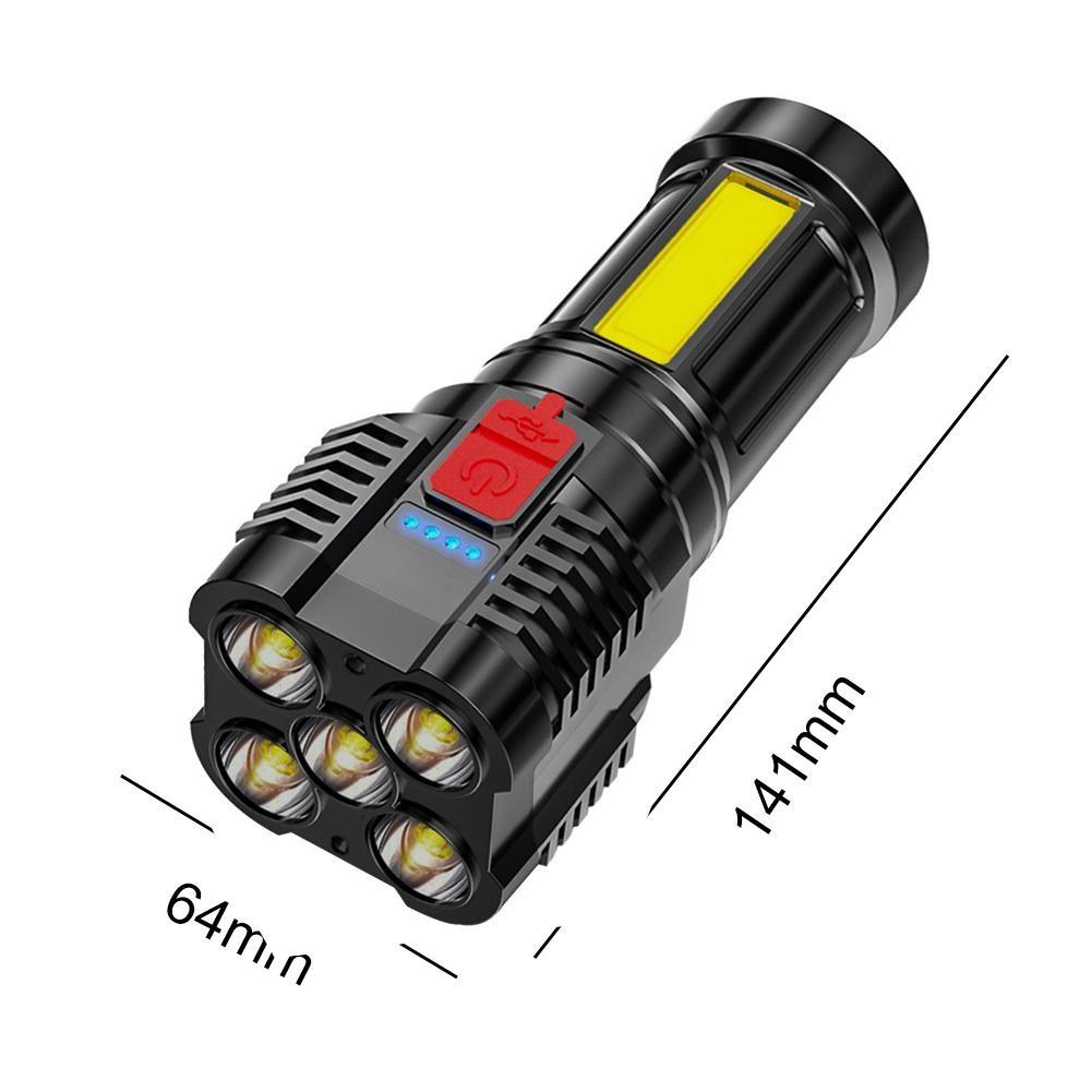 Super Bright Outdoor Multi-function 5 LEDs Flashlight USB Rechargeable Waterproof Long-range Spotlight Battery Indicator COB Flood Light 4 Modes
