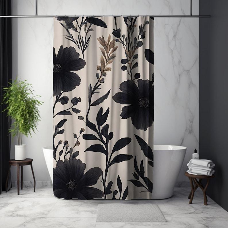 Gothic Floral Shower Curtain, Black Floral Shower Curtain, Black Wildflower, Vintage Gothic Shower Curtain, Spring
